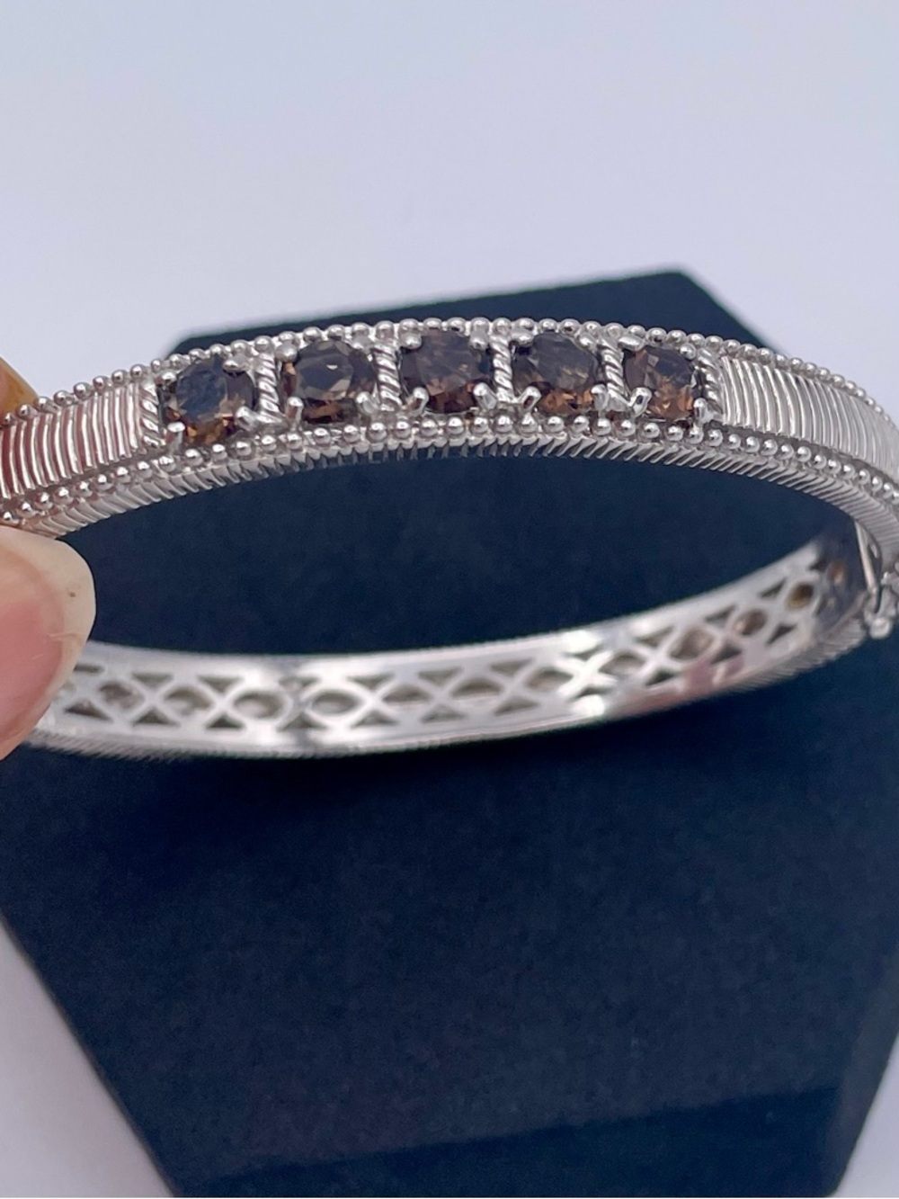 Judith Ripka Sterling Silver 925 Smoky Quartz Hinged Oval Bangle Bracelet 31.9g - Picture 3 of 10